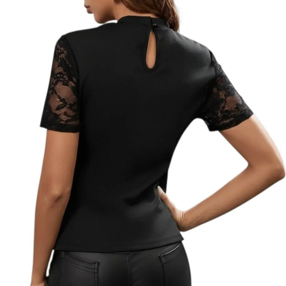 SHEIN Black Lace Keyhole Neckline Short Sleeve Top Mock Neck Small Evening Party - Picture 3 of 7